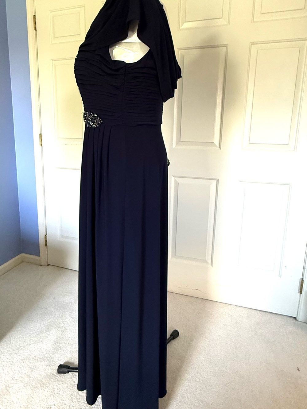 Patra Navy One-Shoulder Ruched Maxi Dress with Beaded Accent